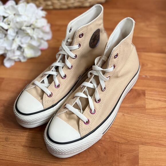 NEW Womens Size 9.5 Custom Converse Lift OX High Top Platform Tan Canvas Shos - Picture 6 of 10